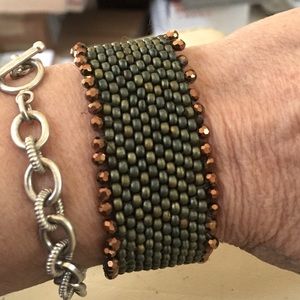 Green metal beaded crystal cuff bracelet